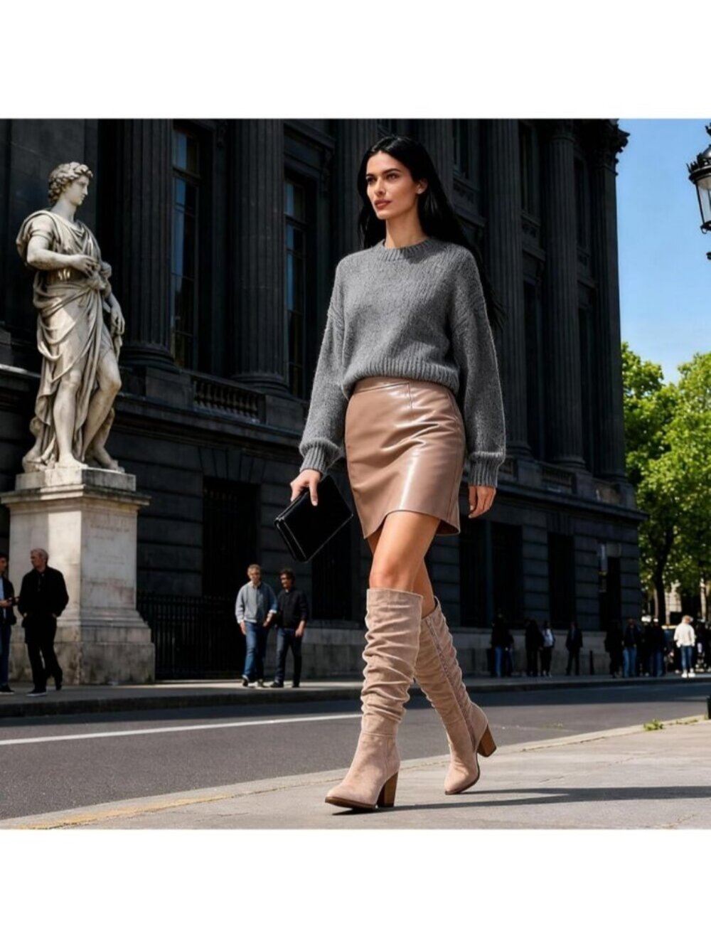 Women's Rosy Brown Slouchy Knee High Boots Faux Suede Pointed Toe Chunky Heel - Picture 2 of 7
